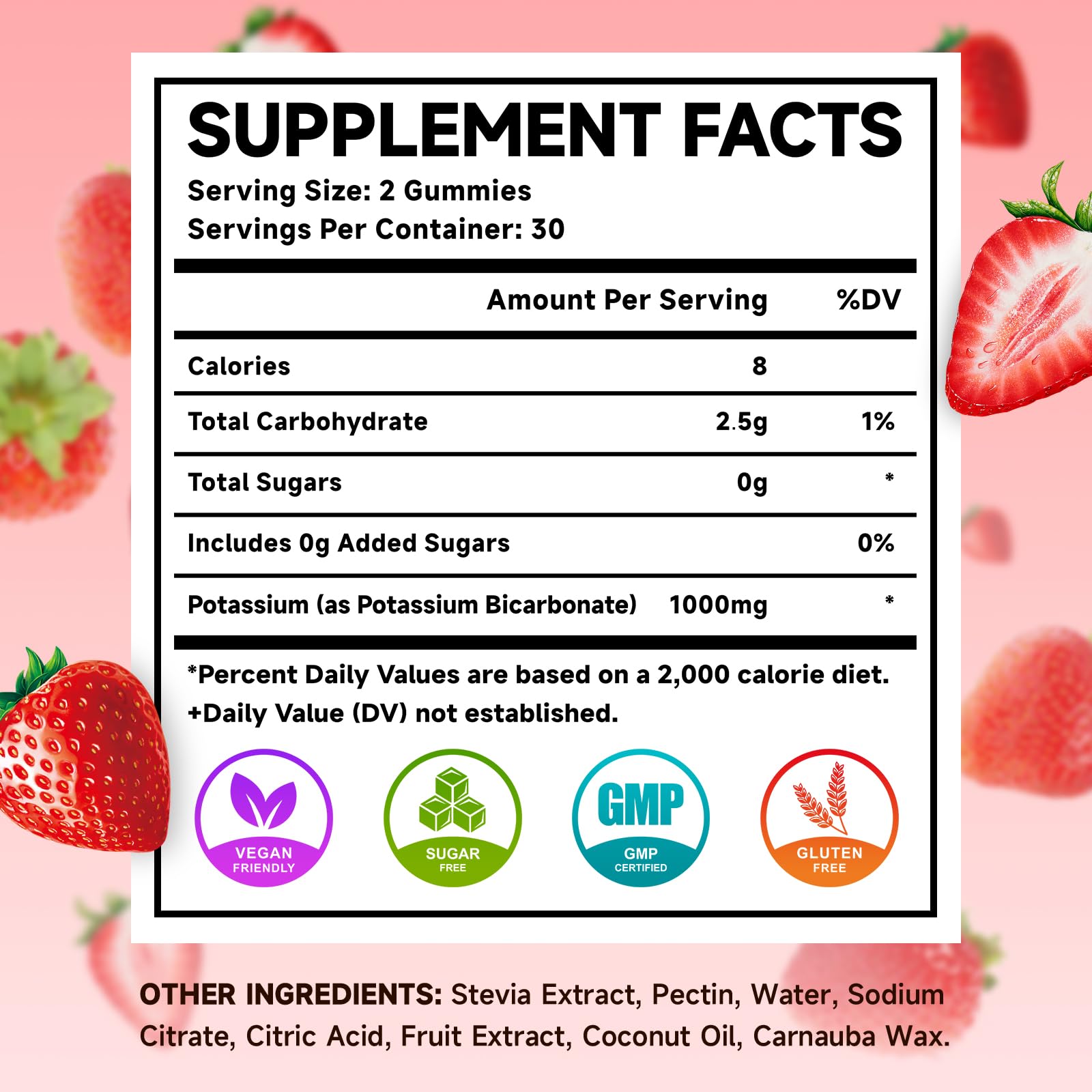 MEENCCD potassium gummies nutrition label highlights potassium bicarbonate and hydration support