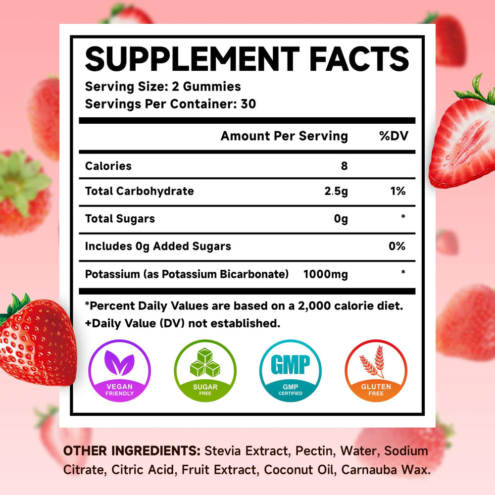 MEENCCD potassium gummies nutrition label highlights potassium bicarbonate and hydration support