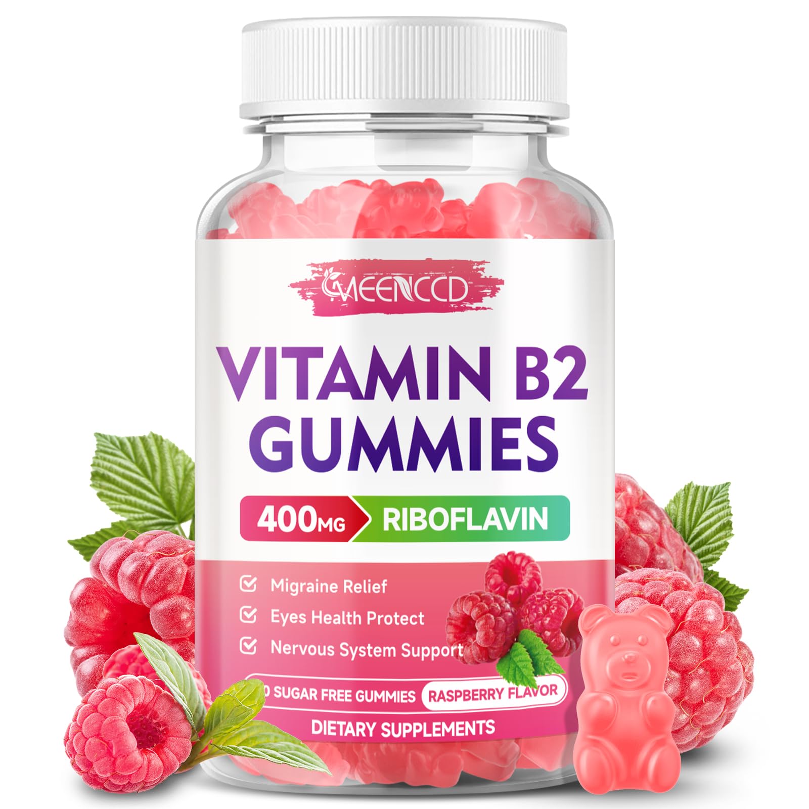 MEENCCD Vitamin B2 gummies with raspberry flavor, 400 mg riboflavin for daily energy support.
