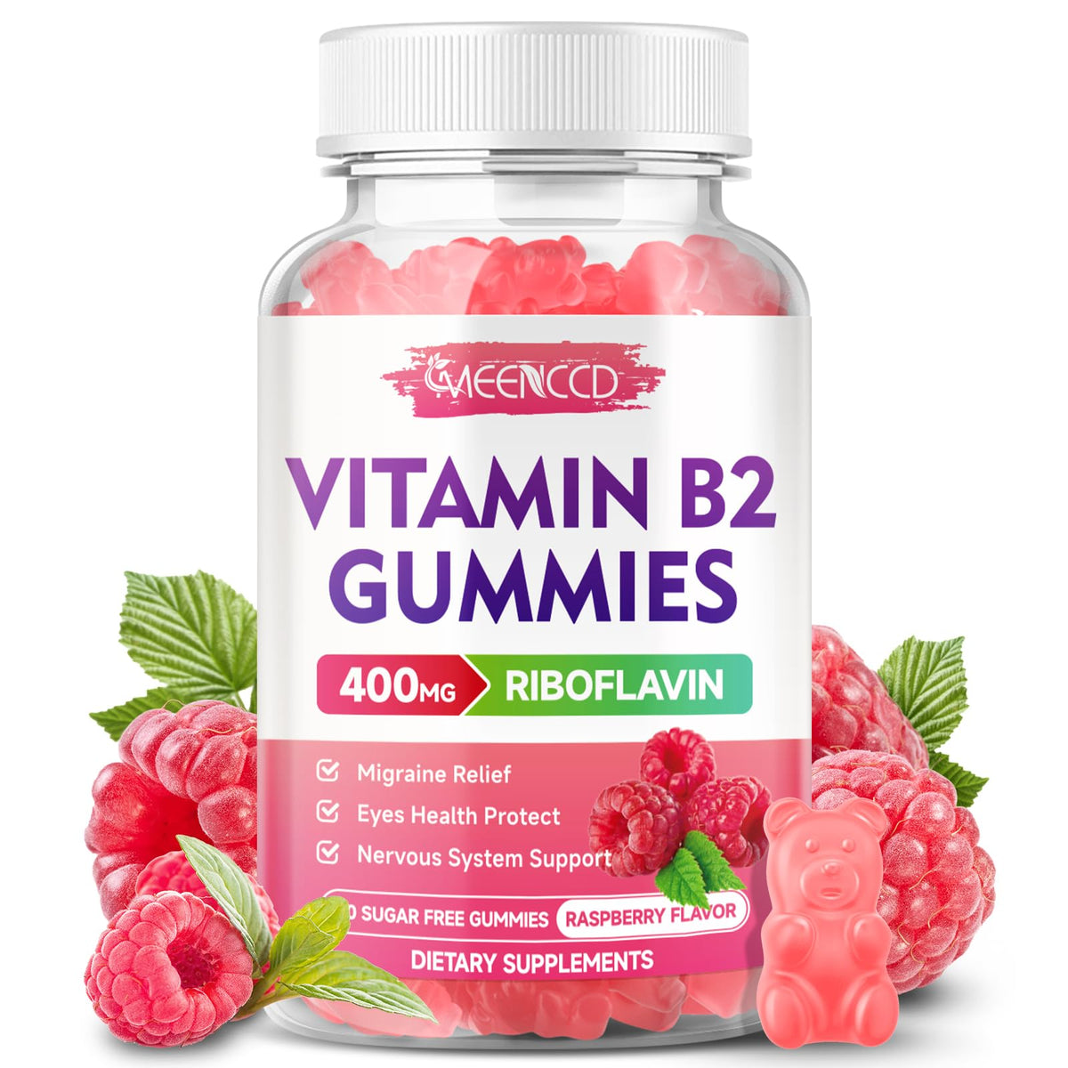 MEENCCD Vitamin B2 gummies with raspberry flavor, 400 mg riboflavin for daily energy support.