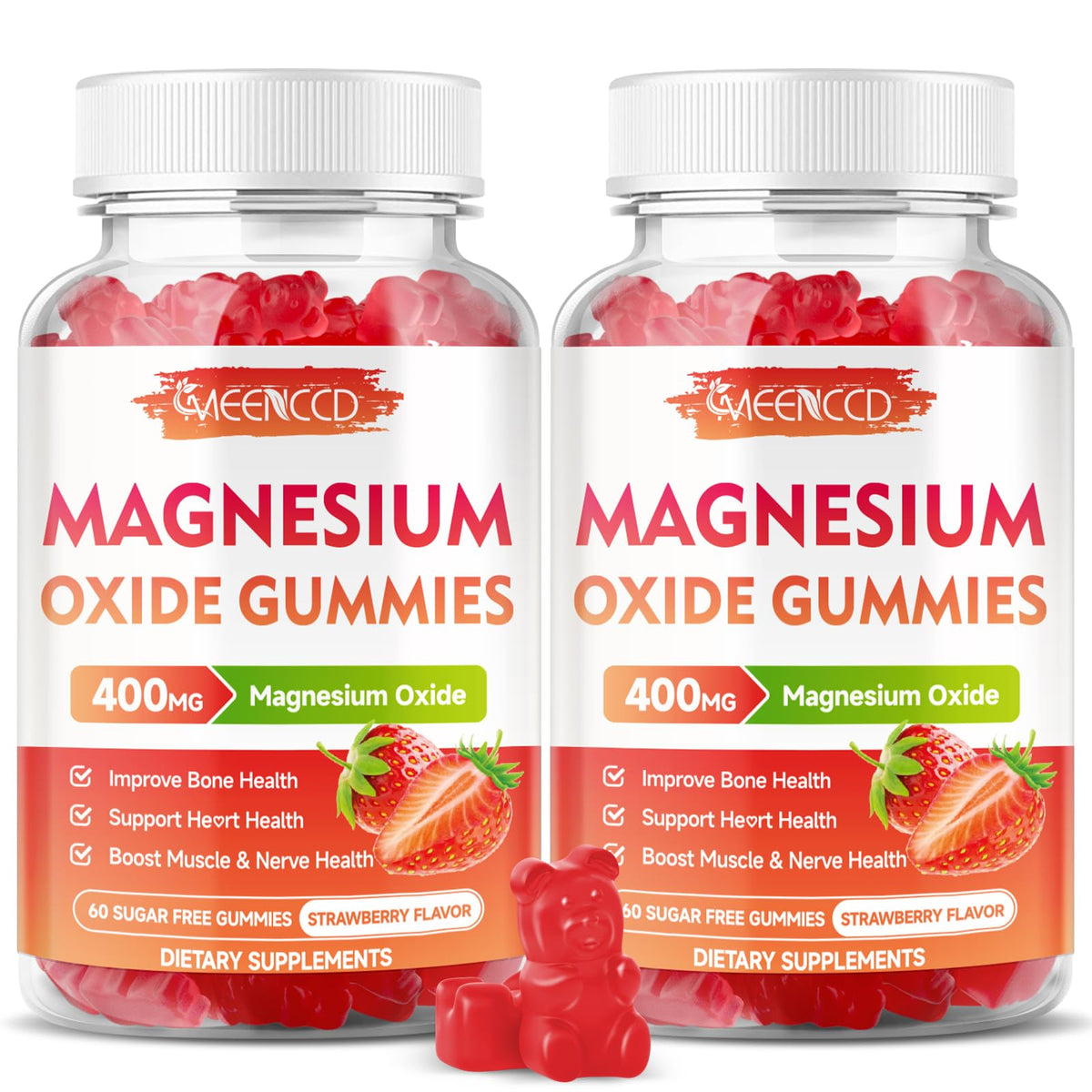 MEENCCD Magnesium Oxide Gummies bottle showing 400 mg per chew for daily support