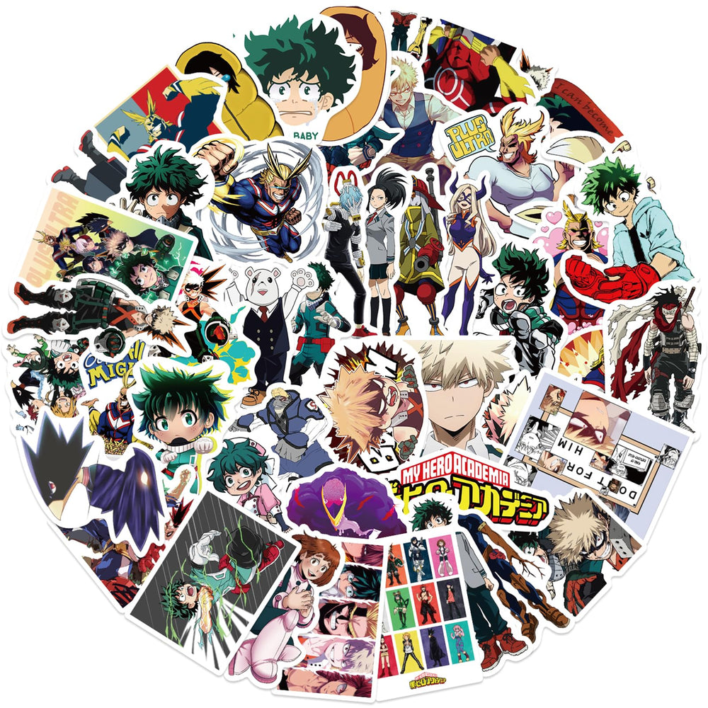 Meet Holiday My Hero Academia stickers on guitar, durable vinyl for expressive instrument decals.