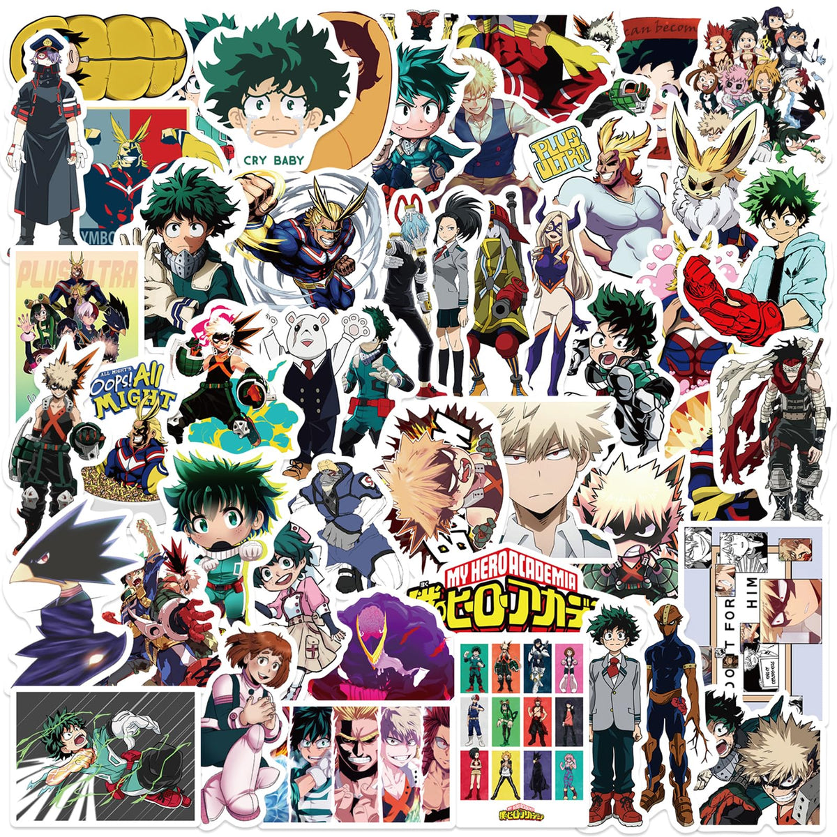 Meet Holiday My Hero Academia stickers on laptop cover, vibrant durable vinyl for daily use.