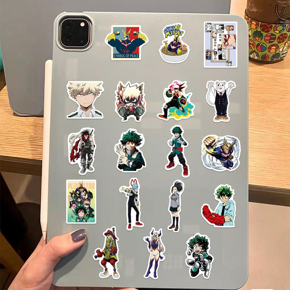 Meet Holiday My Hero Academia stickers on phone, easy peel-and-stick vinyl for quick customization.
