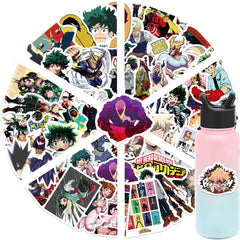 Meet Holiday My Hero Academia stickers on skateboard, waterproof vinyl for splash-proof personalization.
