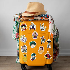 Meet Holiday My Hero Academia stickers on water bottle, weatherproof vinyl for outdoor adventures.