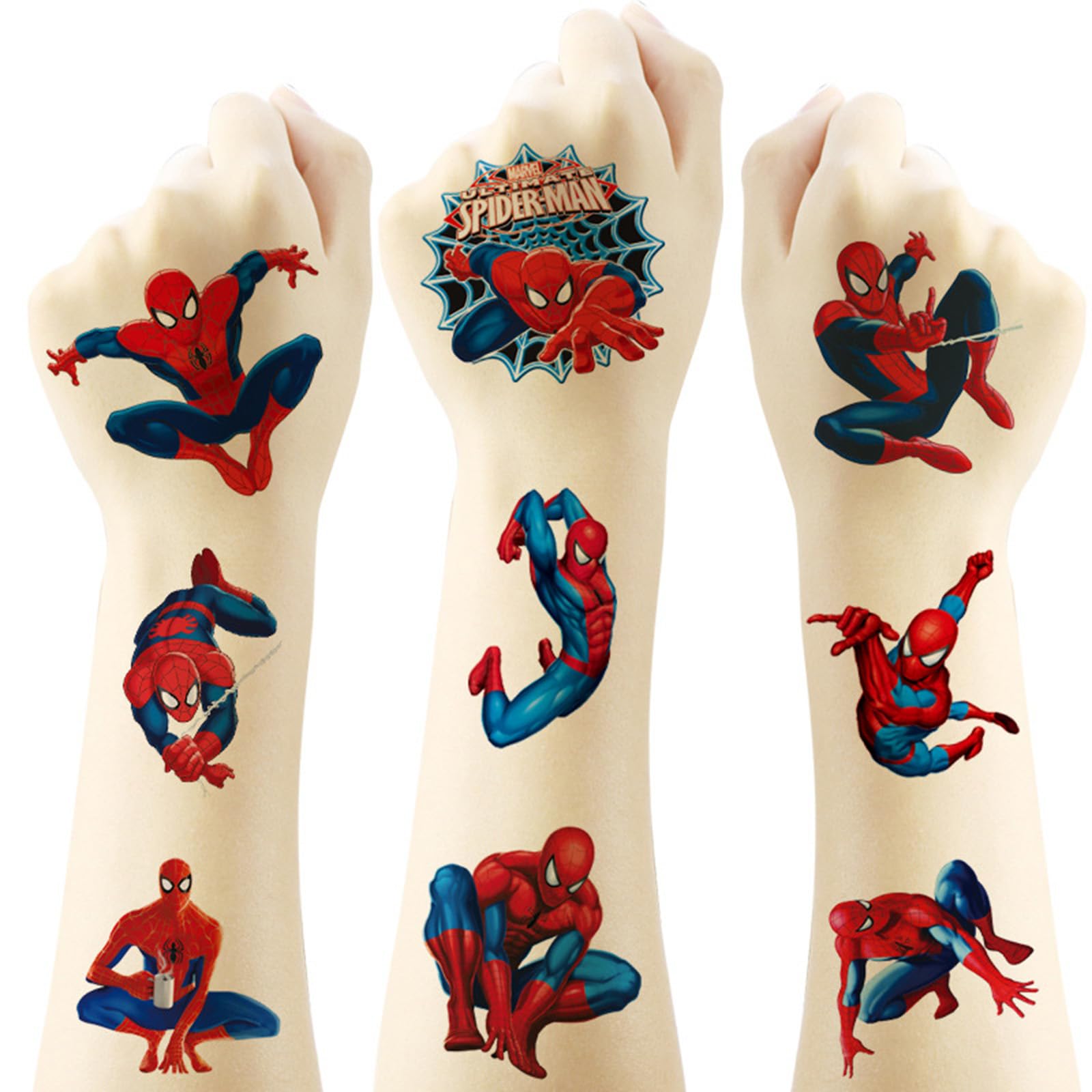Meet Holiday Spider-Man tattoo sheet, bold designs ideal for party favors and activities.