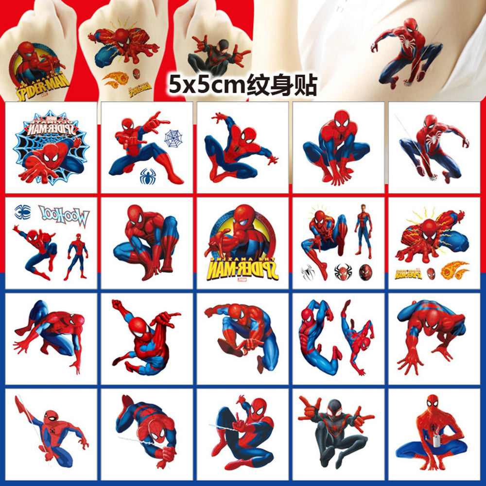 Meet Holiday Spider-Man tattoo sheet, colorful comic figures for classroom prizes.