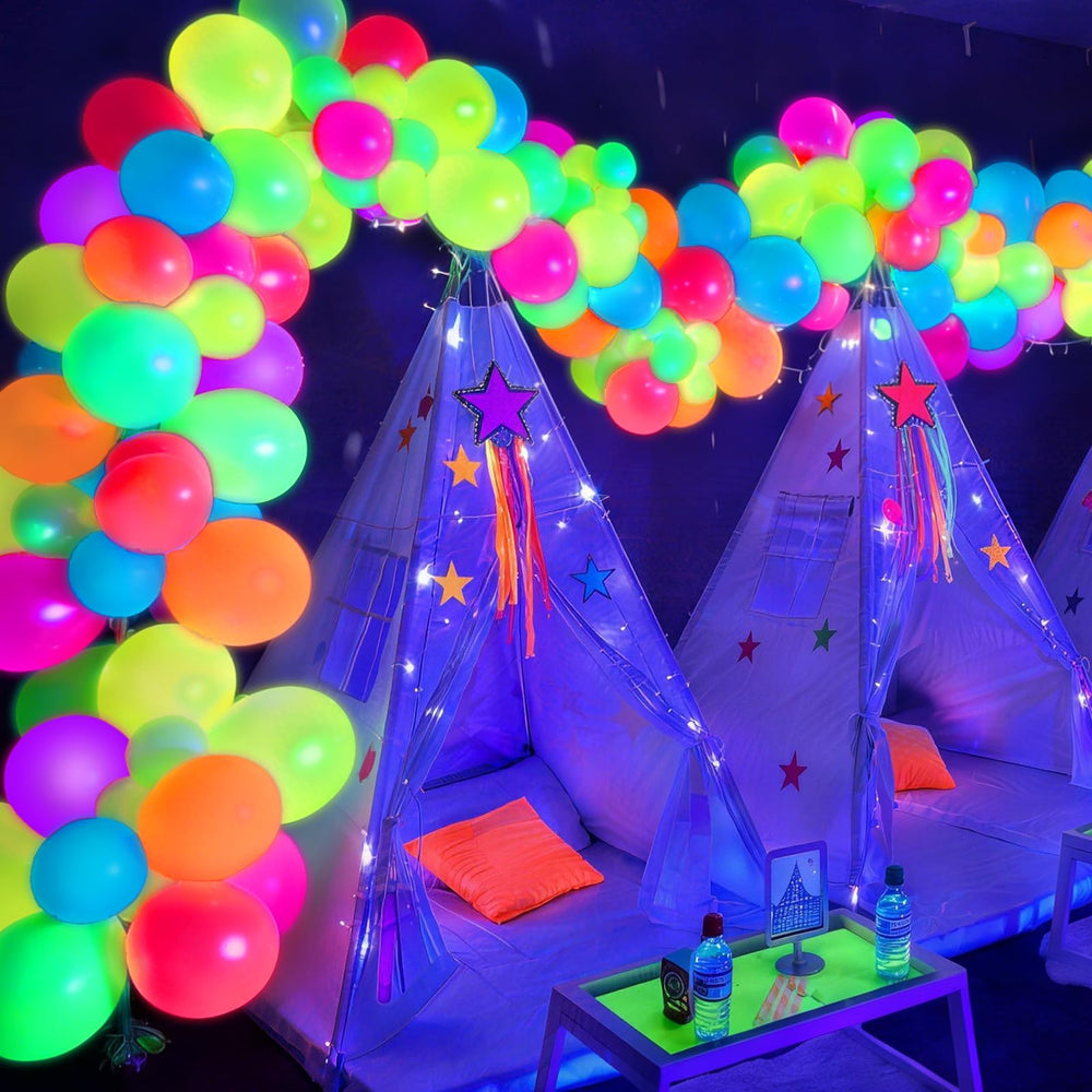 Mega-L Glow in the Dark Balloons blue glow under UV light for modern decor.