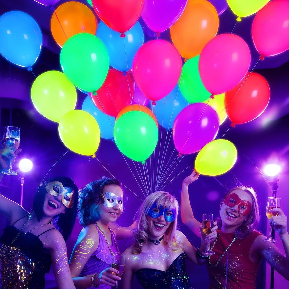 Mega-L Glow in the Dark Balloons green glow under violet light for chic accents.