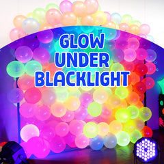 Mega-L Glow in the Dark Balloons orange glow under UV light for festive events.
