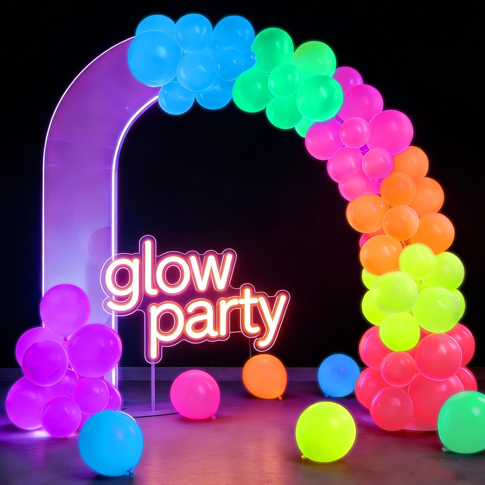 Mega-L Glow in the Dark Balloons UV reactive display under blacklight lighting.