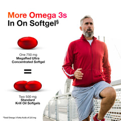 MegaRed omega-3 225 mg per softgel graphic emphasizes heart health potential.