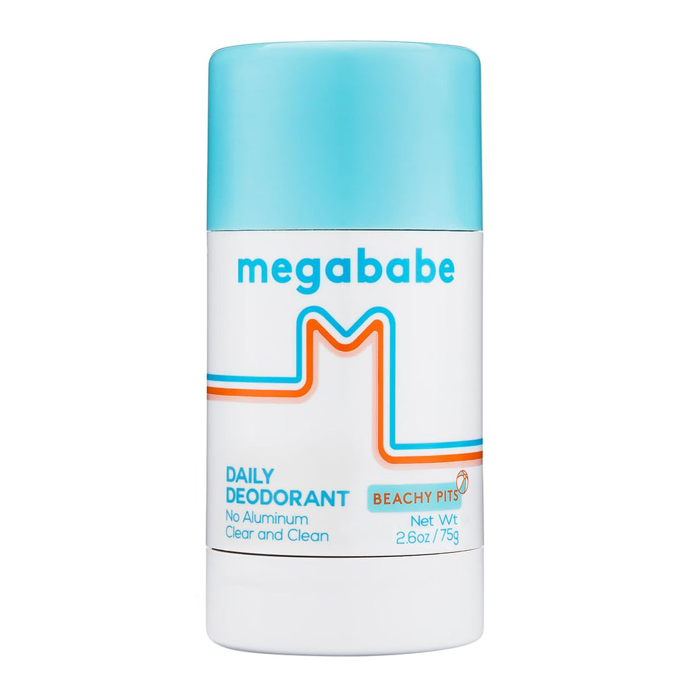Megababe Beachy Pits deodorant stick shows aluminum-free formula for daily freshness