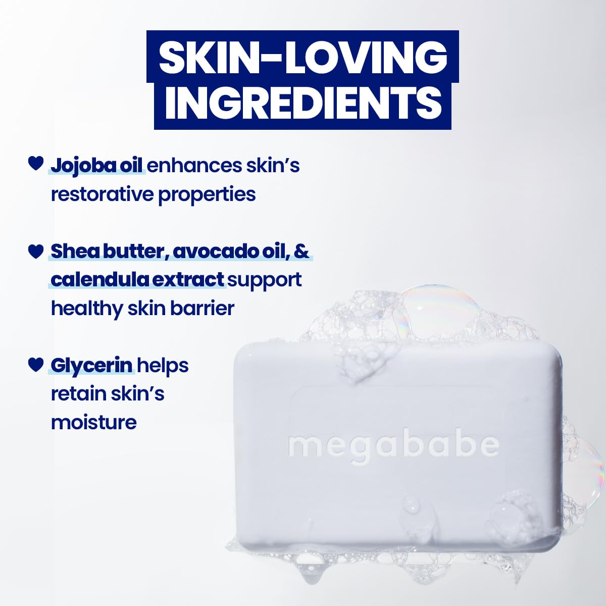 Megababe Bidet Bar soothing botanicals featuring shea butter and calendula.