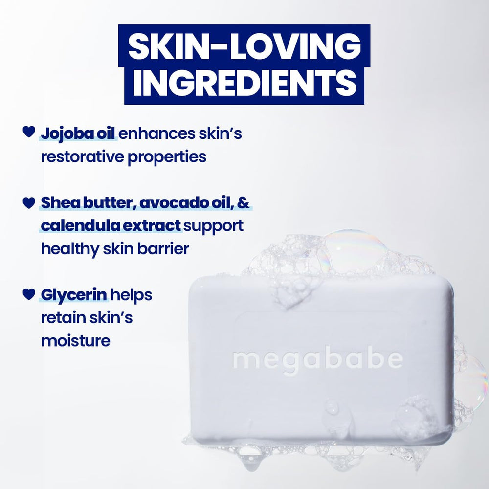 Megababe Bidet Bar soothing botanicals featuring shea butter and calendula.