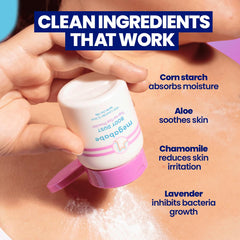 Megababe Body Dust bottle features lavender and aloe scent for a fresh feel.