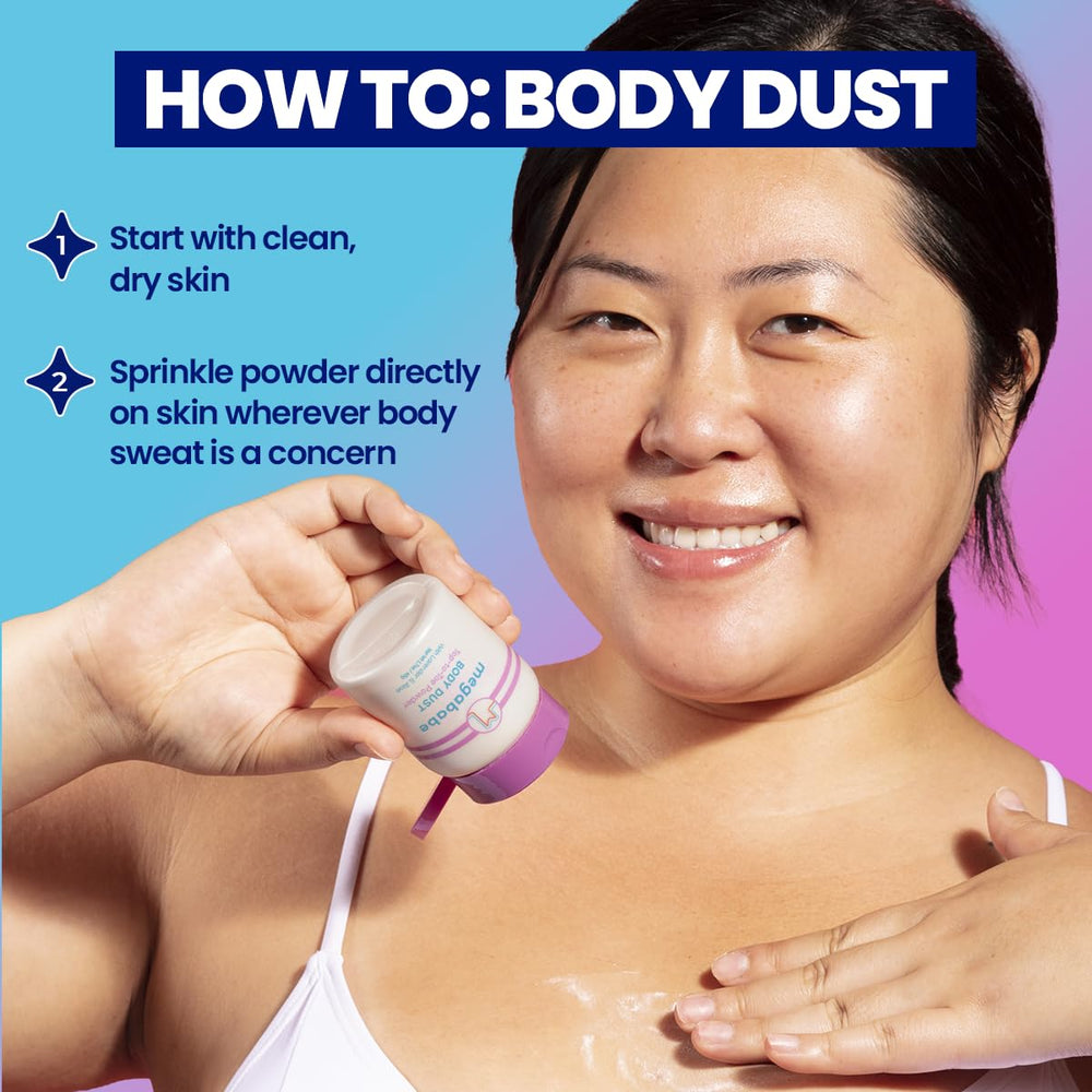 Megababe Sweat Absorbing Body Powder shake-top applicator enables even application.