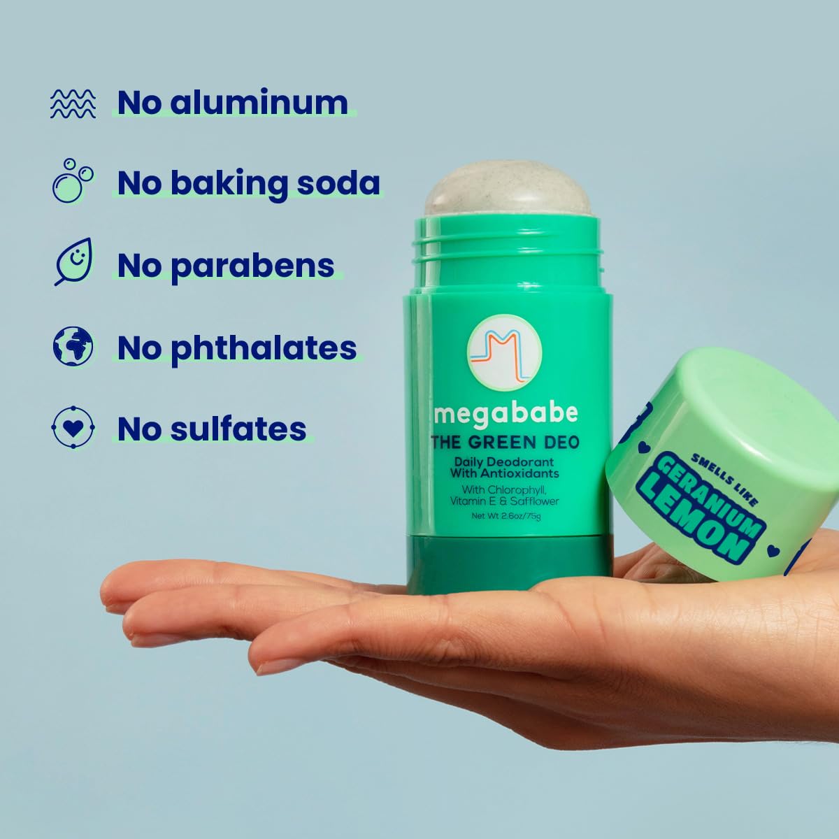 Megababe Daily Deodorant Geranium Lemon fragrance provides a natural scent.