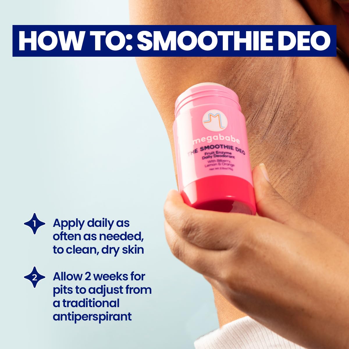 Megababe Daily Deodorant label highlights aluminum-free, all-natural formula.