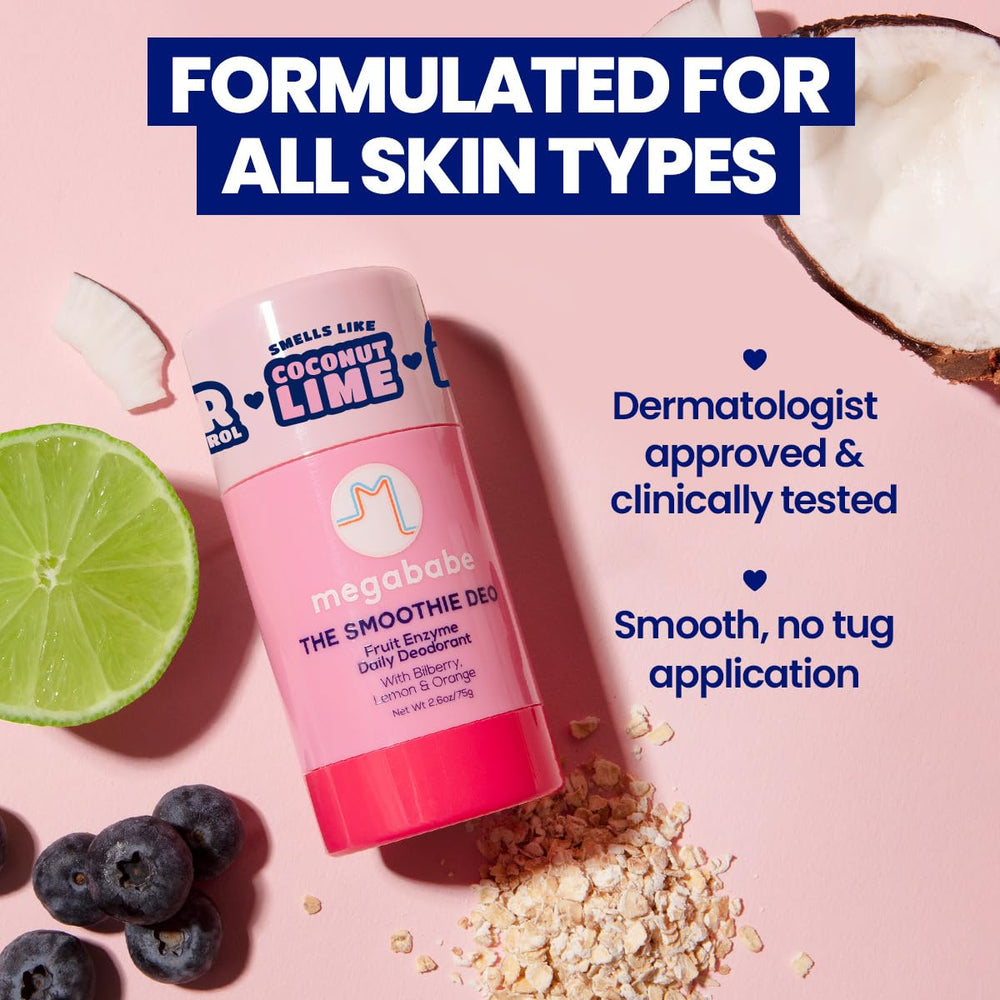 Megababe deodorant scent visuals: coconut, lime, bilberry notes.