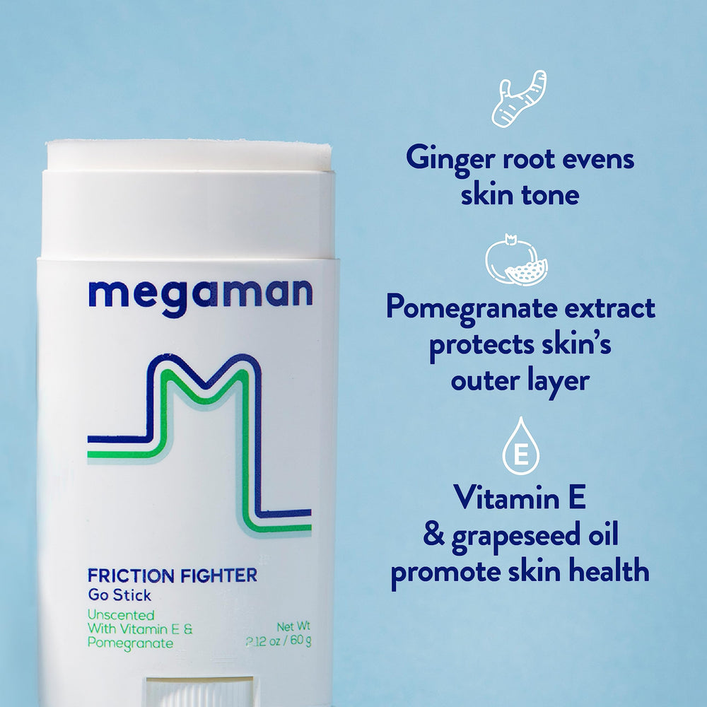 Megababe Megaman Friction Fighter Go formula with aloe promotes gentle protection.