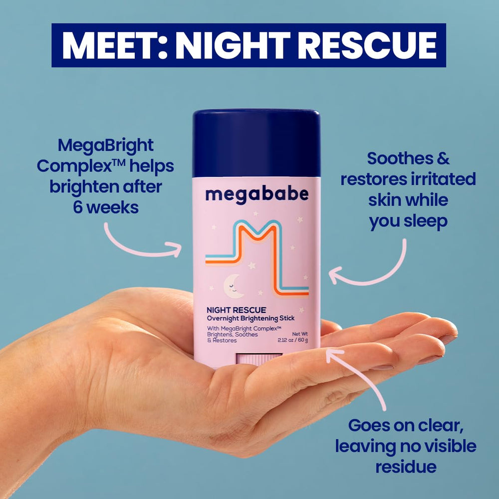 Megababe Night Rescue bottle label detail highlights MegaBright Complex ingredients.