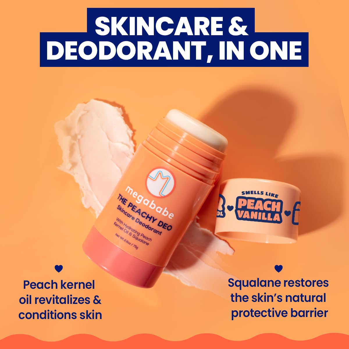 Megababe Peachy Deo ingredient peach kernel oil emphasizes skin conditioning benefits.
