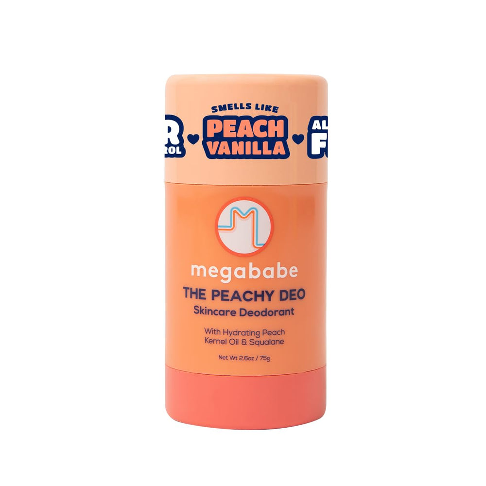 Megababe Peachy Deo packaging highlights aluminum-free formula for all-day freshness.
