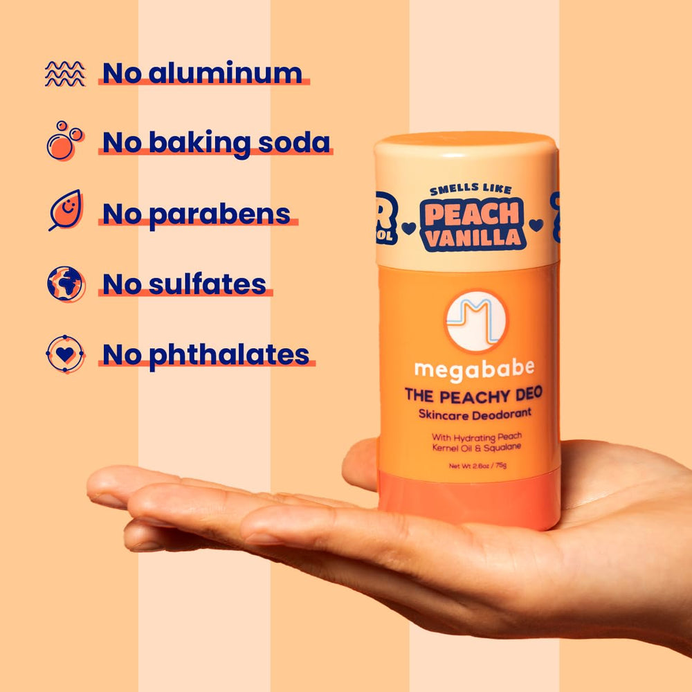 Megababe Peachy Deo scent peach vanilla evokes fresh summery aroma.