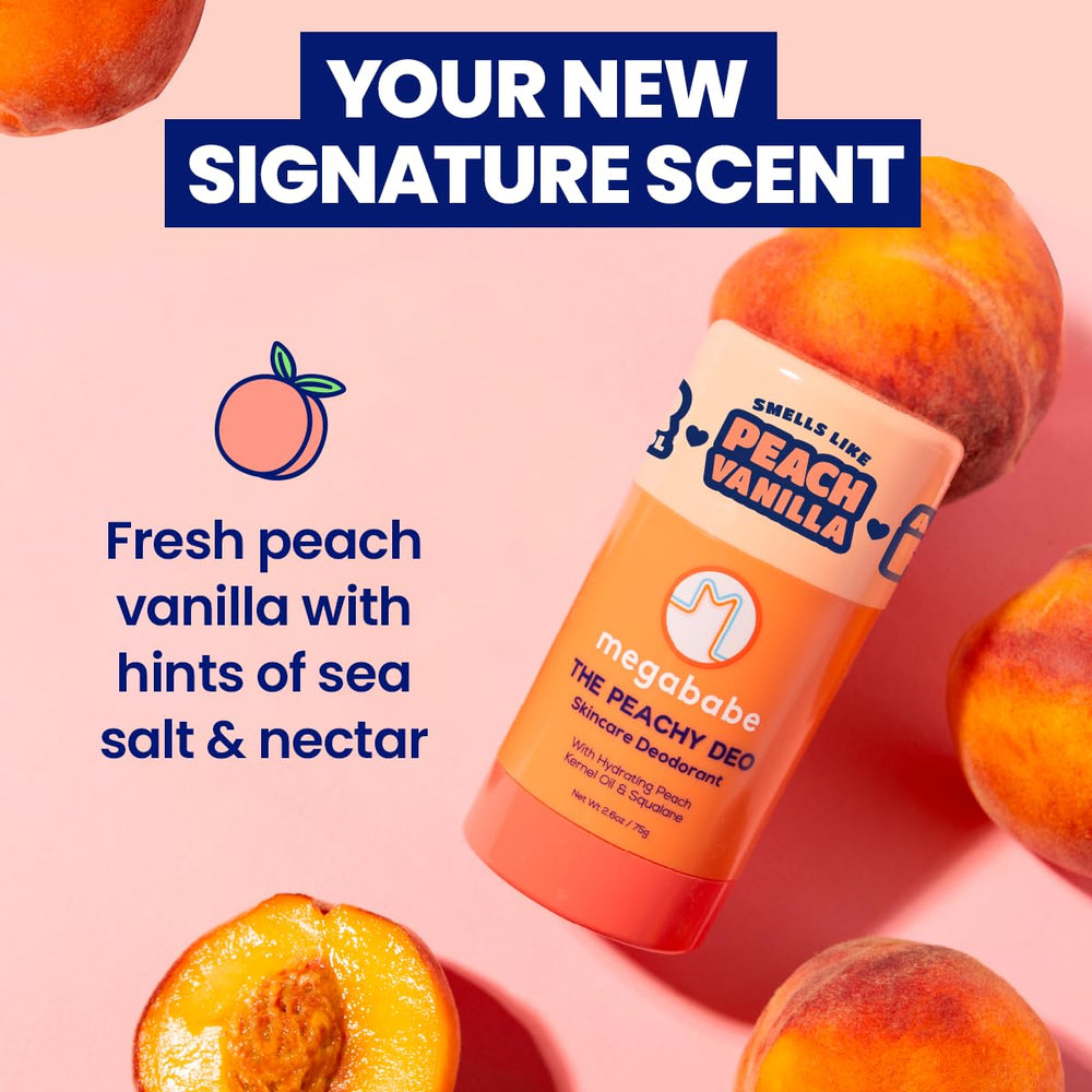 Megababe Peachy Deo stick closeup shows smooth glide and creamy texture.