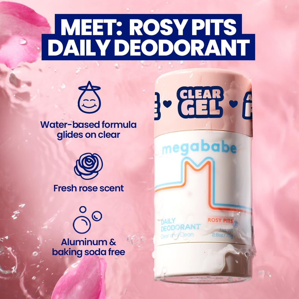 Megababe Rosy Pits application swatch highlights smooth glide and odor control.