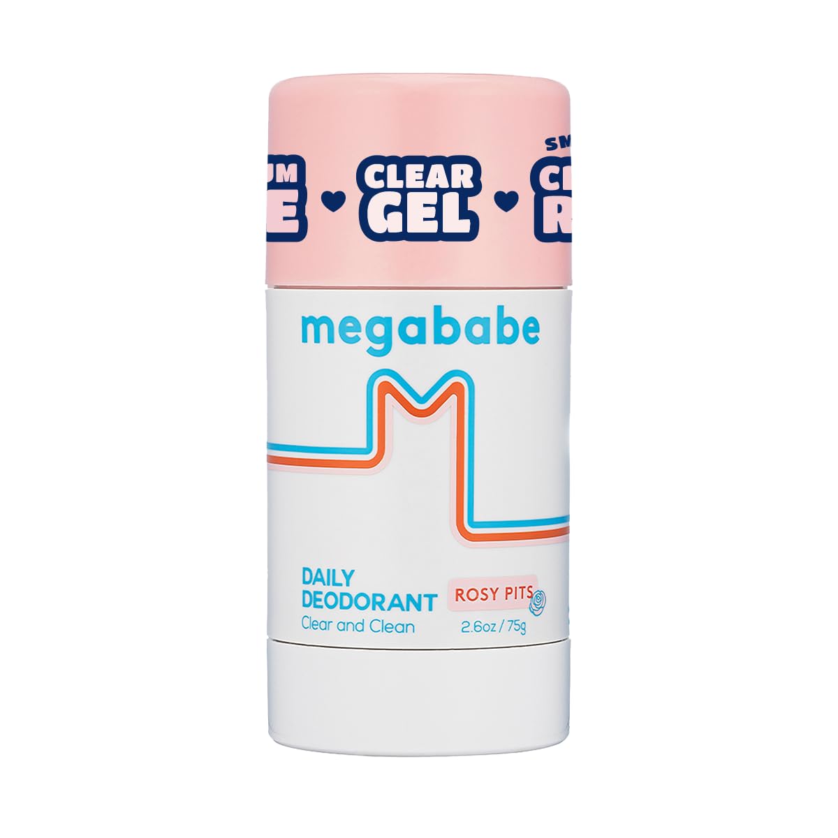 Megababe Rosy Pits deodorant tube shows clear, aluminum-free protection for daily use.