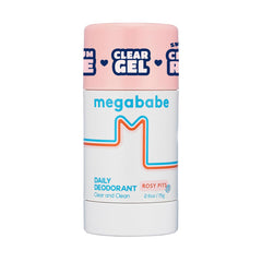 Megababe Rosy Pits deodorant tube shows clear, aluminum-free protection for daily use.