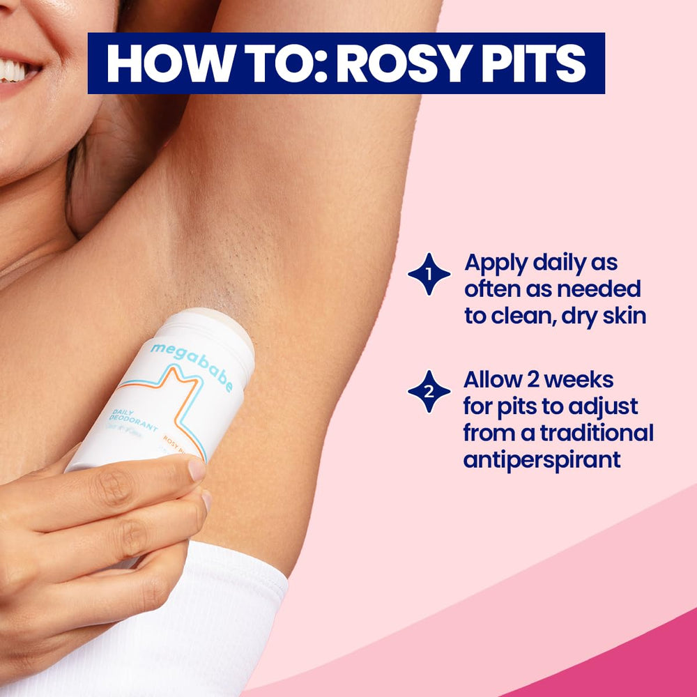 Megababe Rosy Pits no baking soda and no white residue messaging