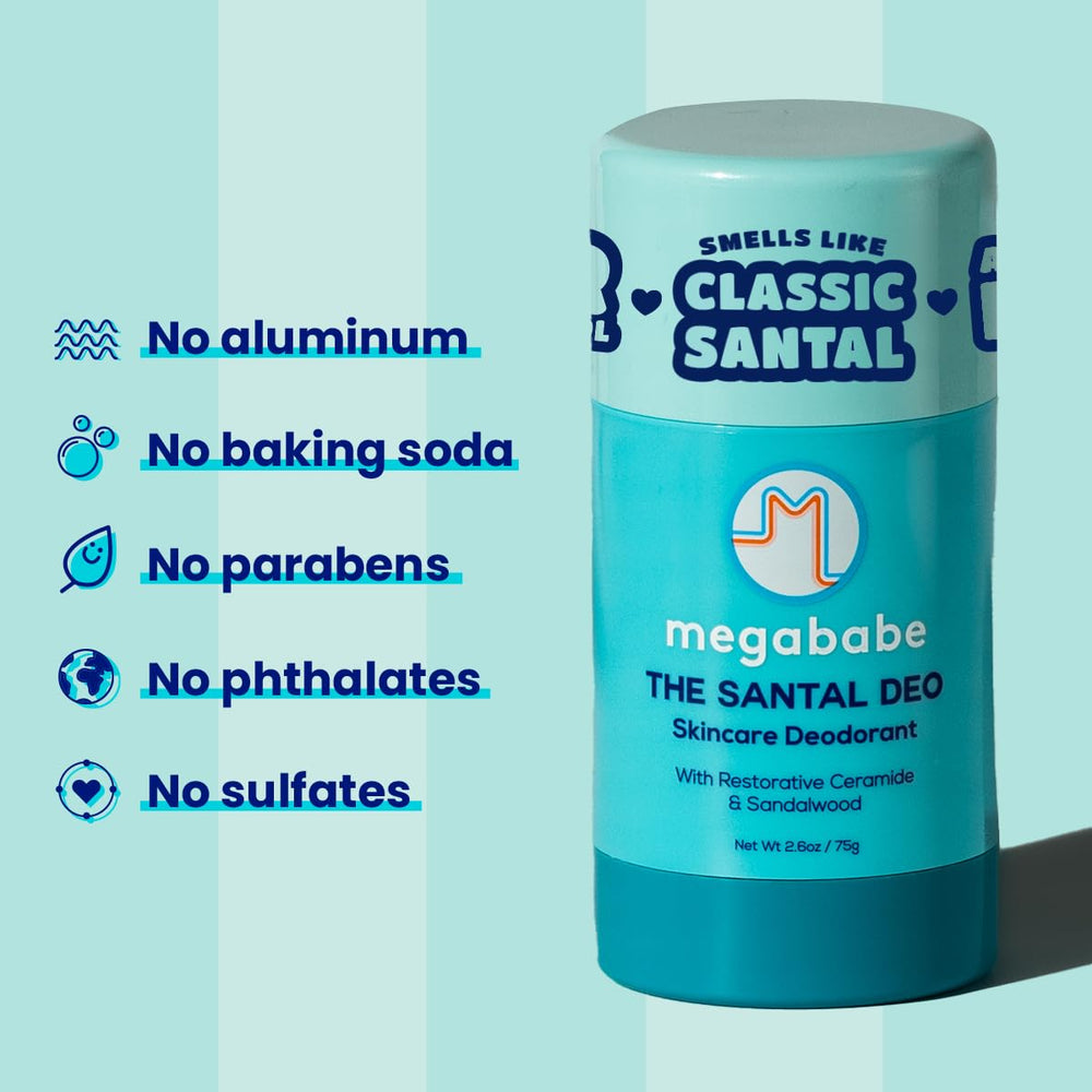 Megababe Santal Deo packaging close-up with clean design