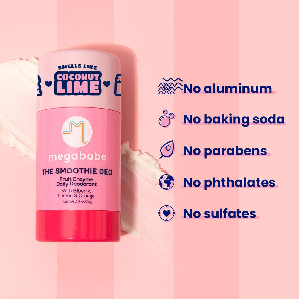 Megababe Smoothie Deo with 72-hour odor protection concept.