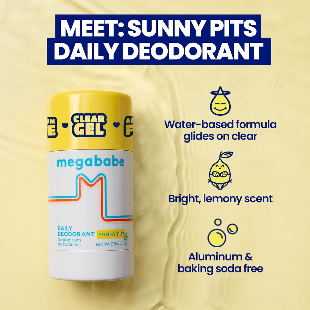 Megababe Sunny Pits application close-up, smooth swipe for odor control.