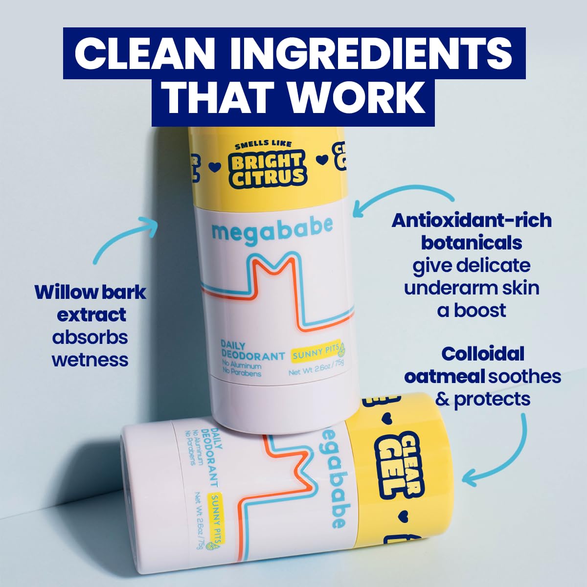 Megababe Sunny Pits formula portrait highlighting enzymes and botanicals for odor control.