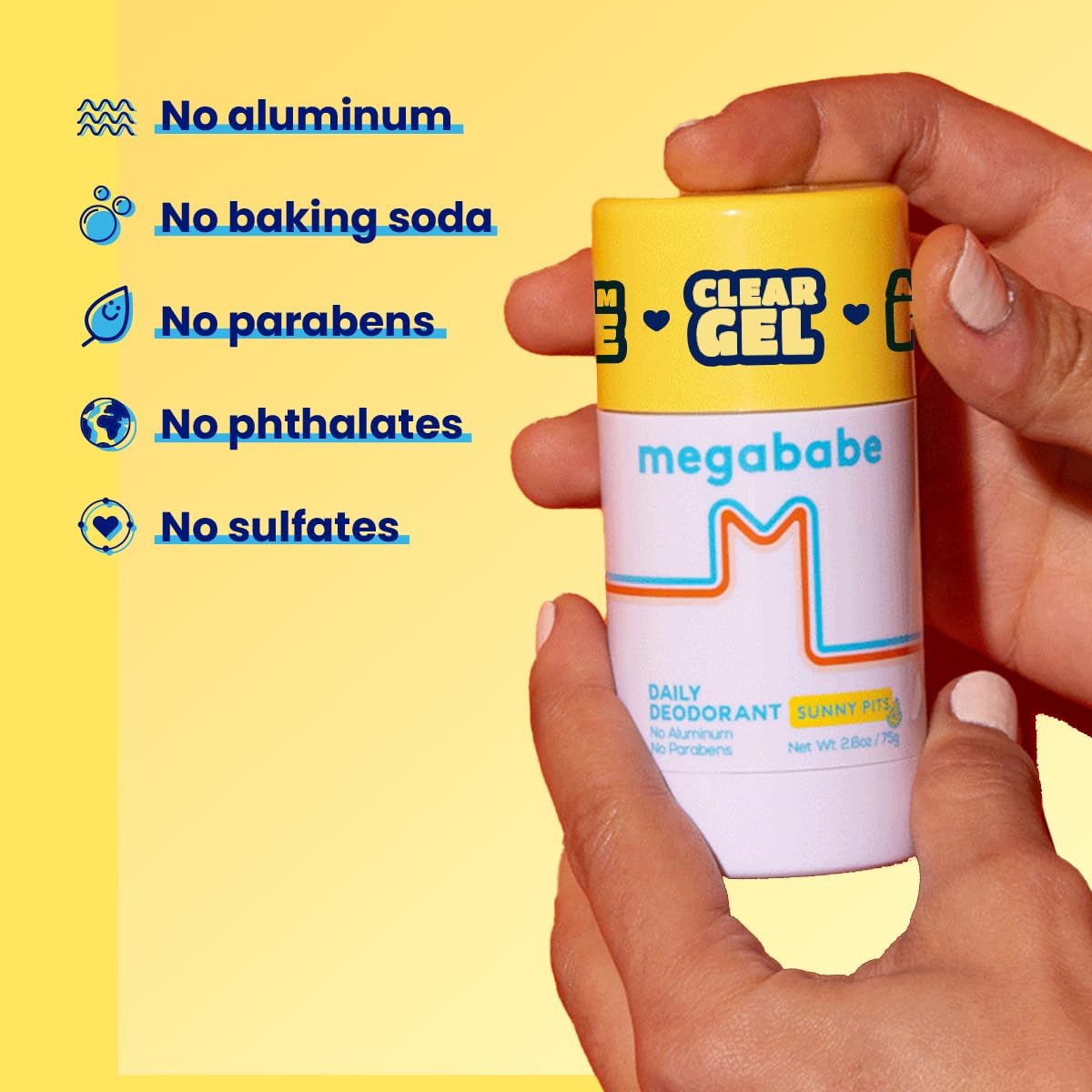 Megababe Sunny Pits oats and willow bark visuals suggest soothing, hydrating underarm care.