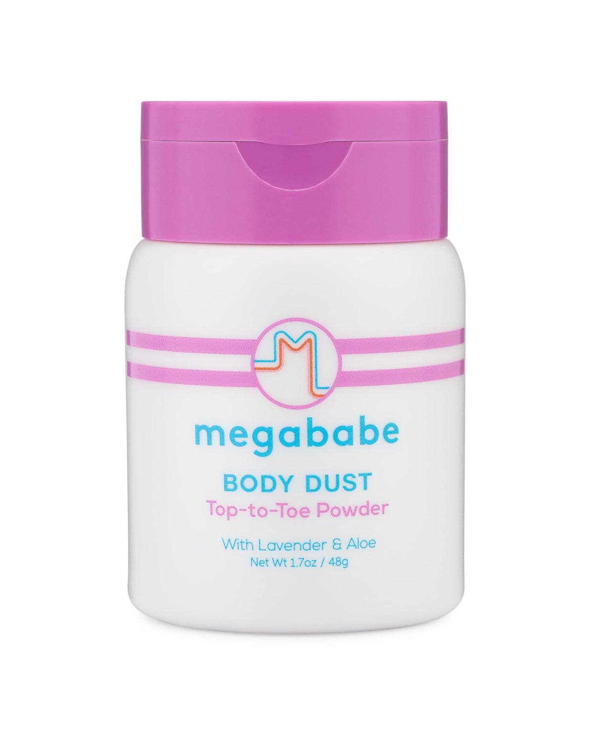 Megababe Sweat Absorbing Body Powder packaging front showing talc-free formula for on-the-go use.