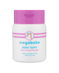 Megababe Sweat Absorbing Body Powder packaging front showing talc-free formula for on-the-go use.