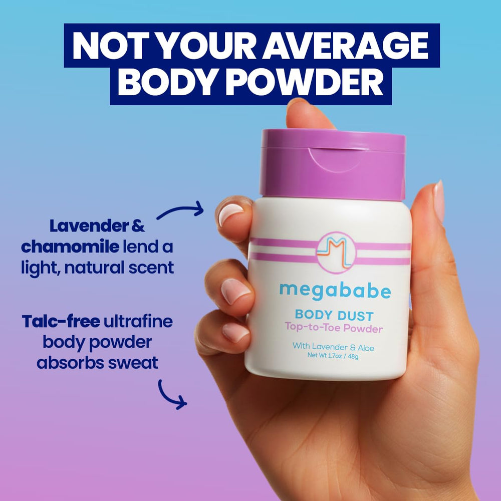 Megababe Sweat Absorbing Body Powder texture close-up reveals velvety finish.