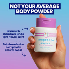 Megababe Sweat Absorbing Body Powder texture close-up reveals velvety finish.