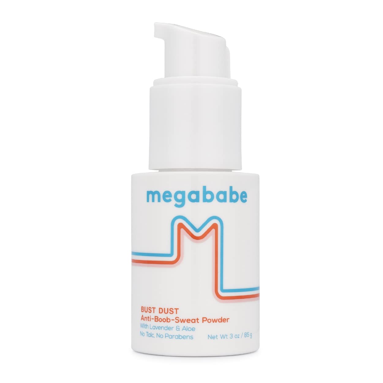 Megababe Sweat Absorbing Powder bottle pump shows targeted application for dry skin.