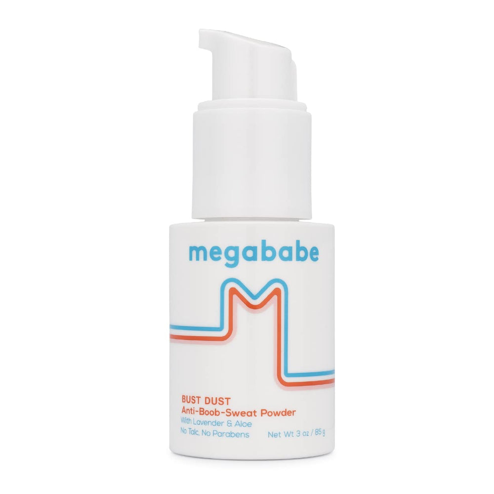 Megababe Sweat Absorbing Powder bottle pump shows targeted application for dry skin.