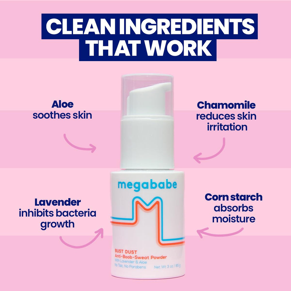 Megababe Sweat Absorbing Powder closeup texture reveals ultrafine, talc-free formula.