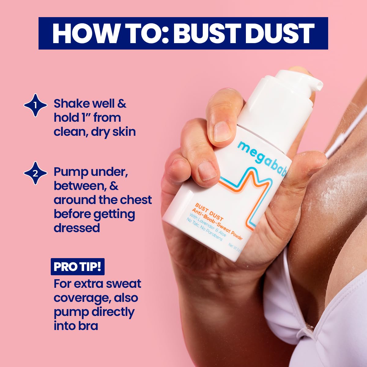 Megababe Sweat Absorbing Powder dispense shot highlights mess-free powder release.