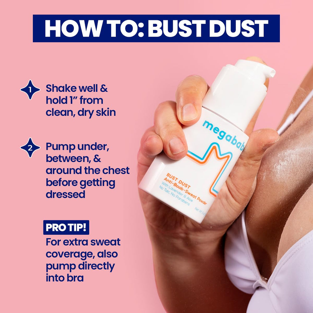 Megababe Sweat Absorbing Powder dispense shot highlights mess-free powder release.