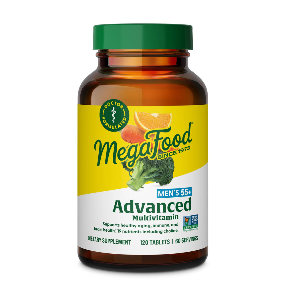 MegaFood Advanced Multivitamin for Men 55+ bottle front, supporting energy and overall wellness.